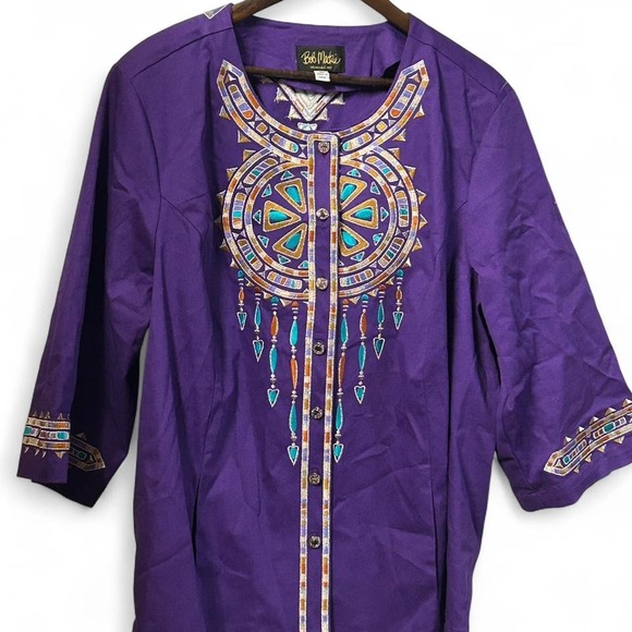 Purple Bob Mackie wearable art boho button up blouse with beading/embroidery 3x - Picture 1 of 2